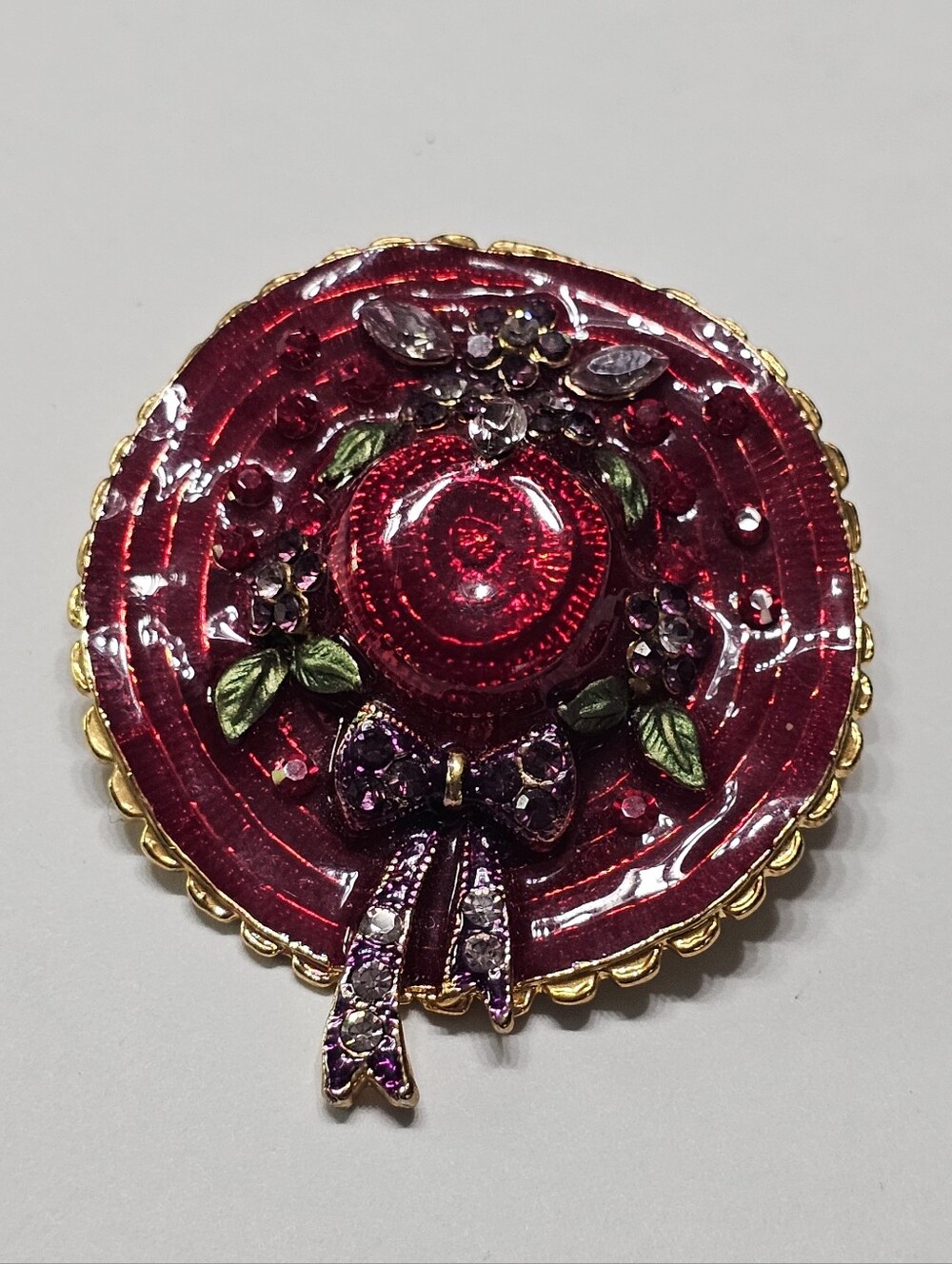 Stunning Vintage Red Hat Society Enamel & Rhinestone Hat Brooch